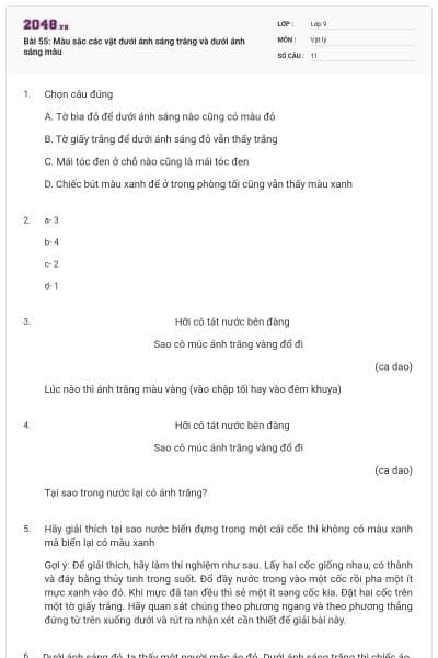 Bài 55: Màu sắc các vật dưới ánh sáng trắng và dưới ánh sáng màu