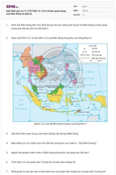 Giải SGK Lịch sử 11 CTST Bài 12: Vị trí và tầm quan trọng của biển Đông có đáp án