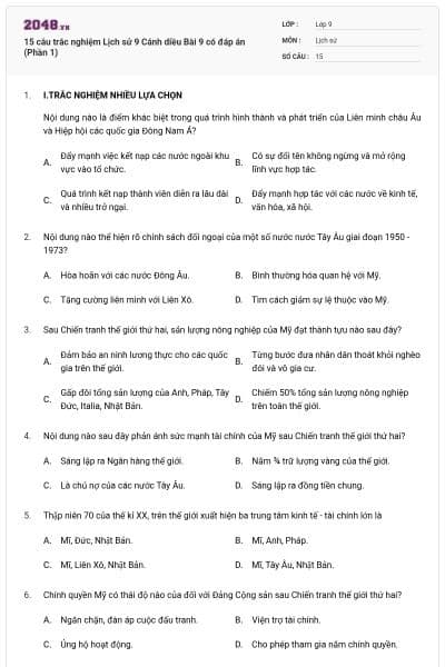 15 câu trắc nghiệm Lịch sử 9 Cánh diều Bài 9 có đáp án (Phần 1)