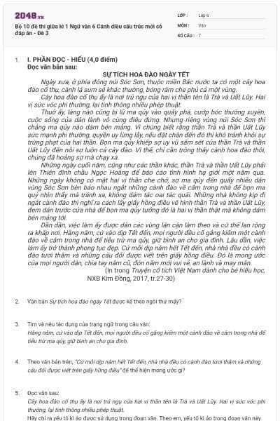 Bộ 10 đề thi giữa kì 1 Ngữ văn 6 Cánh diều cấu trúc mới có đáp án - Đề 3