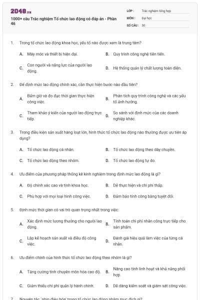 1000+ câu Trắc nghiệm Tổ chức lao động có đáp án - Phần 46