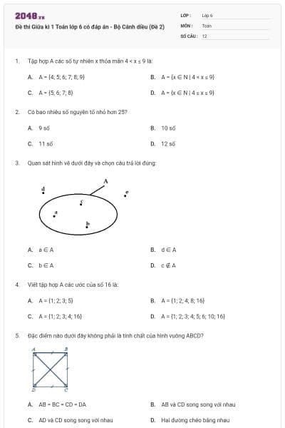 Đề thi Giữa kì 1 Toán lớp 6 có đáp án - Bộ Cánh diều (Đề 2)
