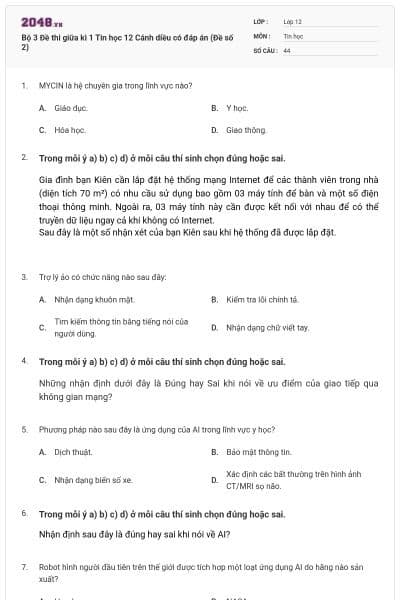 Bộ 3 Đề thi giữa kì 1 Tin học 12 Cánh diều có đáp án (Đề số 2)