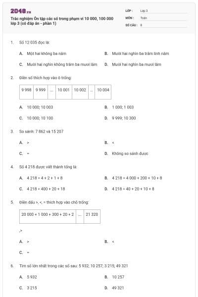Trắc nghiệm Ôn tập các số trong phạm vi 10 000, 100 000 lớp 3 (có đáp án - phần 1)