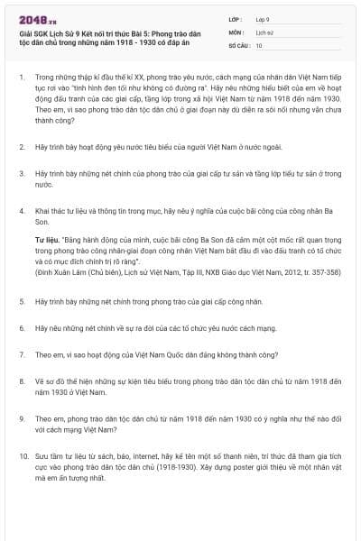 Giải SGK Lịch Sử 9 Kết nối tri thức Bài 5: Phong trào dân tộc dân chủ trong những năm 1918 - 1930 có đáp án
