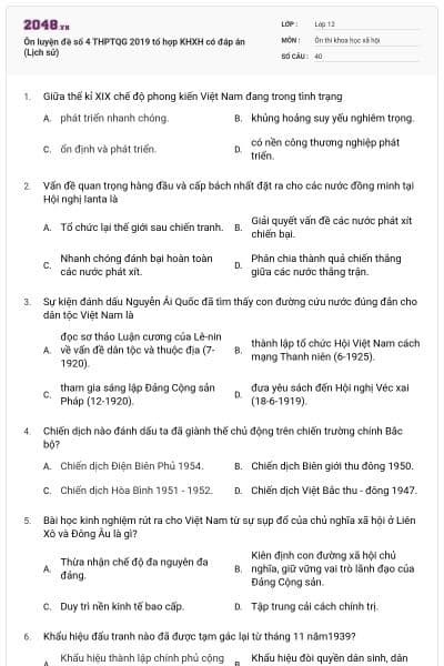 Ôn luyện đề số 4 THPTQG 2019 tổ hợp KHXH có đáp án (Lịch sử)