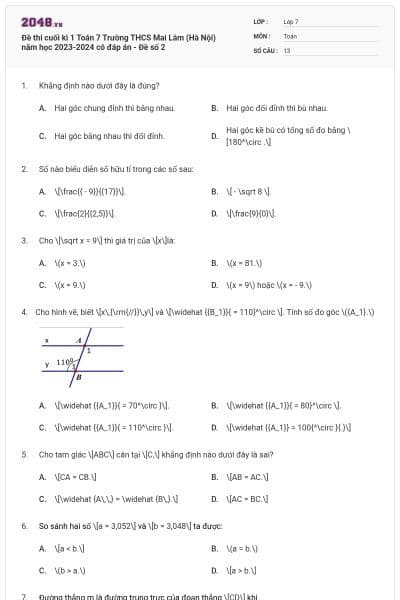 Đề thi cuối kì 1 Toán 7 Trường THCS Mai Lâm (Hà Nội) năm học 2023-2024 có đáp án - Đề số 2