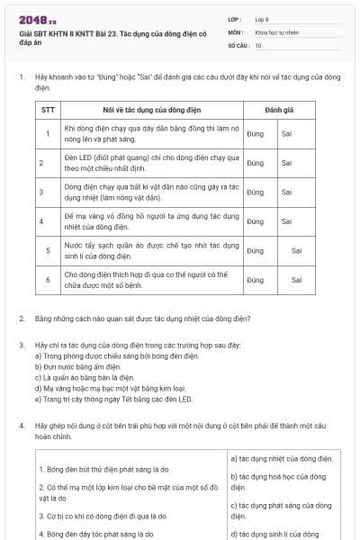 Giải SBT KHTN 8 KNTT Bài 23. Tác dụng của dòng điện có đáp án