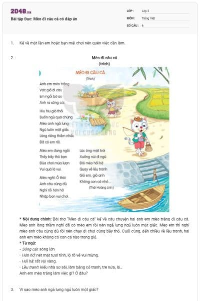 Bài tập Đọc: Mèo đi câu cá có đáp án