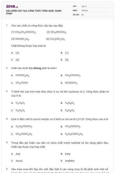 ĐẶC ĐIỂM CẤU TẠO, CÔNG THỨC TỔNG QUÁT, DANH PHÁP