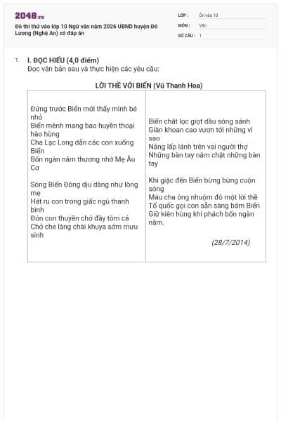 Đề thi thử vào lớp 10 Ngữ văn năm 2026 UBND huyện Đô Lương (Nghệ An) có đáp án