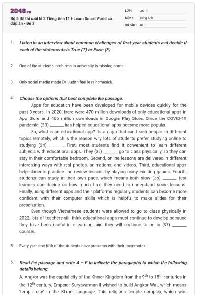 Bộ 5 đề thi cuối kì 2 Tiếng Anh 11 i-Learn Smart World có đáp án - Đề 3
