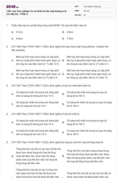 150+ câu Trắc nghiệm Cơ sở thiết kế nền mặt đường ô tô (có đáp án) - Phần 5
