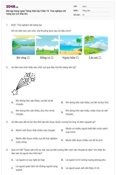 Bài tập hàng ngày Tiếng Việt lớp 5 Bài 19. Trải nghiệm để sáng tạo (có đáp án)