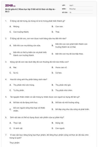 Đề thi giữa kì 2 Khoa học lớp 5 Kết nối tri thức có đáp án - Đề 3