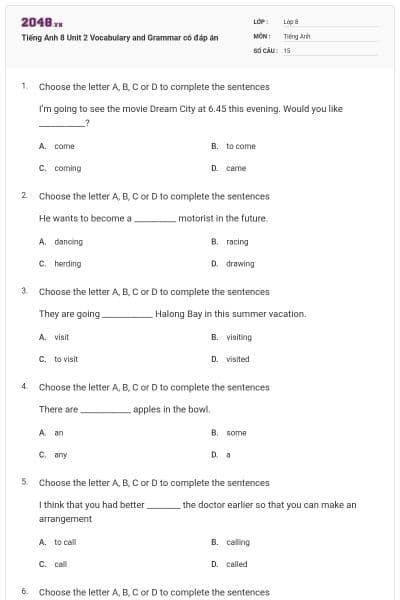 Tiếng Anh 8 Unit 2 Vocabulary and Grammar có đáp án