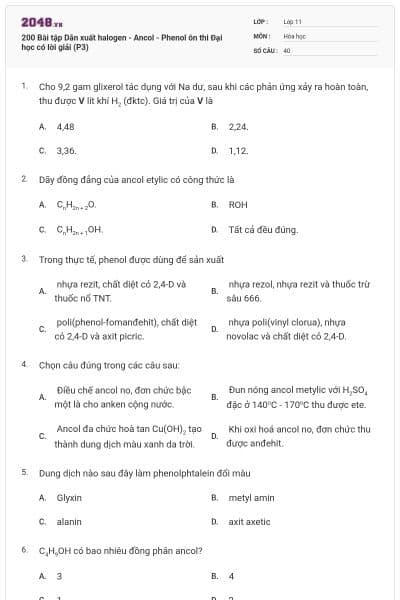 200 Bài tập Dẫn xuất halogen - Ancol - Phenol ôn thi Đại học có lời giải (P3)