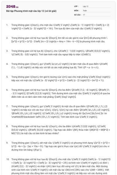 Bài tập Phương trình mặt cầu lớp 12 (có lời giải)