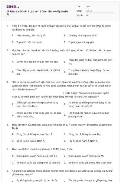 Đề kiểm tra Giữa kì 1 Lịch sử 12 Cánh diều có đáp án (Đề 6)