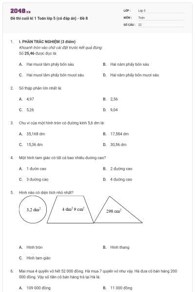 Đề thi cuối kì 1 Toán lớp 5 (có đáp án) - Đề 8