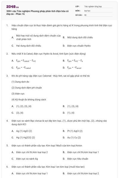 300+ câu Trắc nghiệm Phương pháp phân tích điện hóa có đáp án - Phần 16