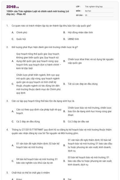 1000+ câu Trắc nghiệm Luật và chính sách môi trường (có đáp án) - Phần 40