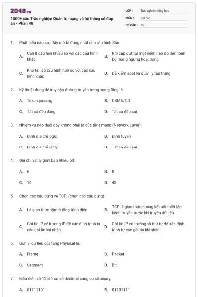 1000+ câu Trắc nghiệm Quản trị mạng và hệ thống có đáp án - Phần 48