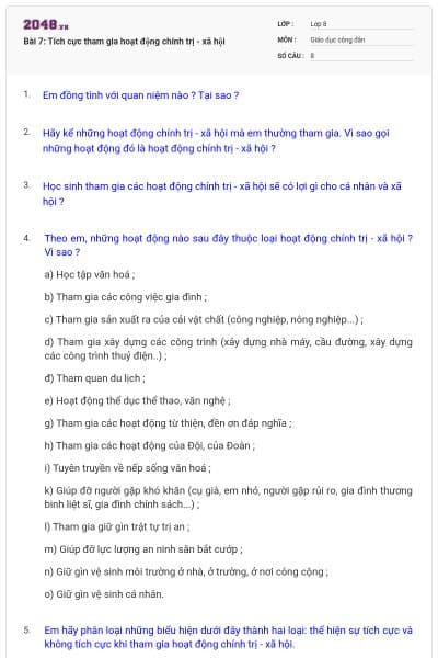 Bài 7: Tích cực tham gia hoạt động chính trị - xã hội