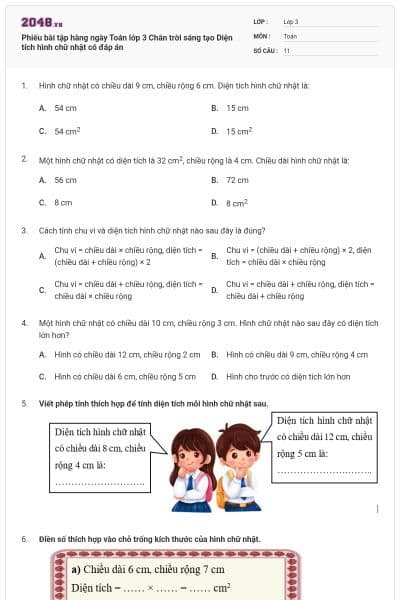 Phiếu bài tập hàng ngày Toán lớp 3 Chân trời sáng tạo Diện tích hình chữ nhật có đáp án