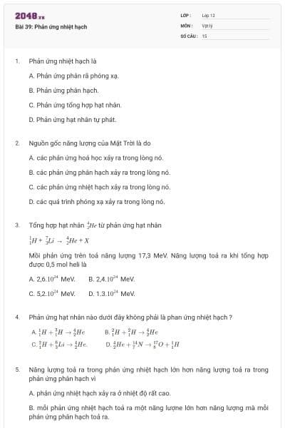 Bài 39: Phản ứng nhiệt hạch