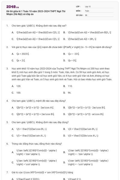 Đề thi giữa kì 1 Toán 10 năm 2023-2024 THPT Ngô Thì Nhậm (Hà Nội) có đáp án