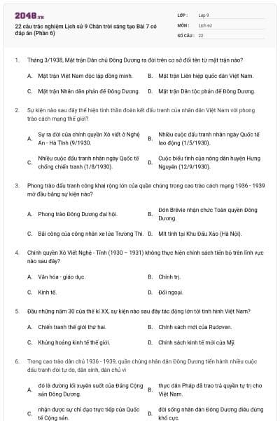 22 câu trắc nghiệm Lịch sử 9 Chân trời sáng tạo Bài 7 có đáp án (Phần 6)