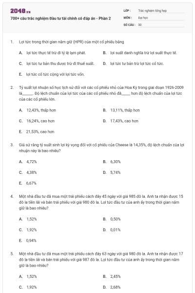 700+ câu trắc nghiệm Đầu tư tài chính có đáp án - Phần 2