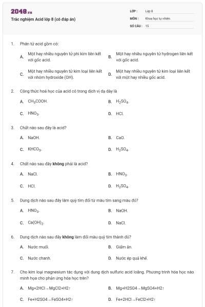Trắc nghiệm Acid lớp 8 (có đáp án)