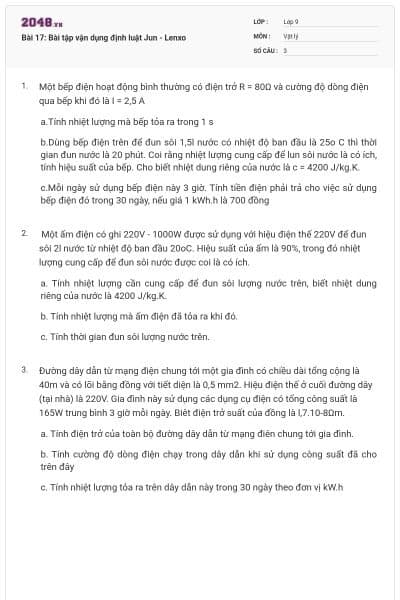 Bài 17: Bài tập vận dụng định luật Jun - Lenxo