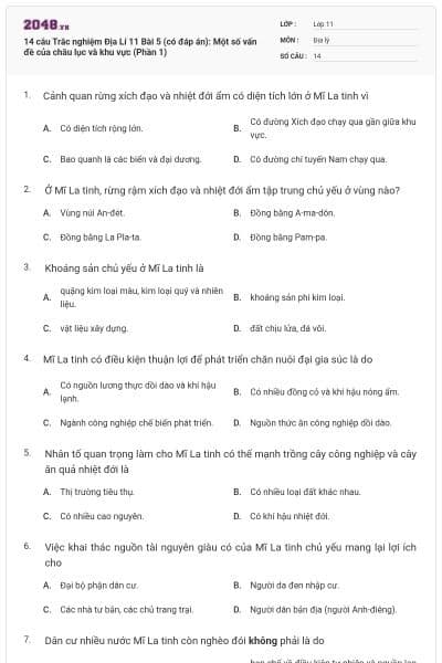 14 câu   Trắc nghiệm Địa Lí 11 Bài 5 (có đáp án): Một số vấn đề của châu lục và khu vực (Phần 1)