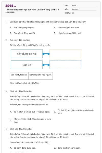 15 câu trắc nghiệm Đạo đức lớp 5 Chân trời sáng tạo Bài 6 có đáp án