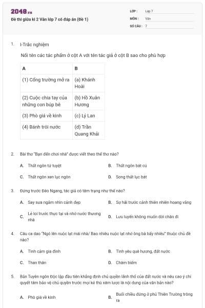 Đề thi giữa kì 2 Văn lớp 7 có đáp án (Đề 1)