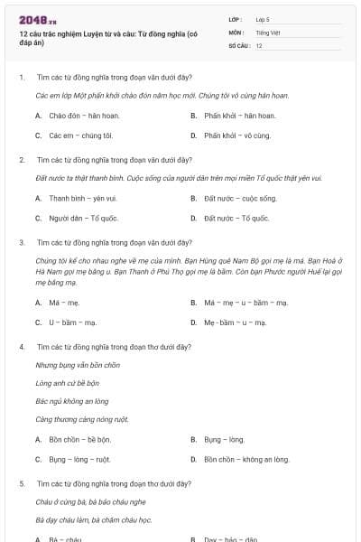 12 câu trắc nghiệm Luyện từ và câu: Từ đồng nghĩa (có đáp án)