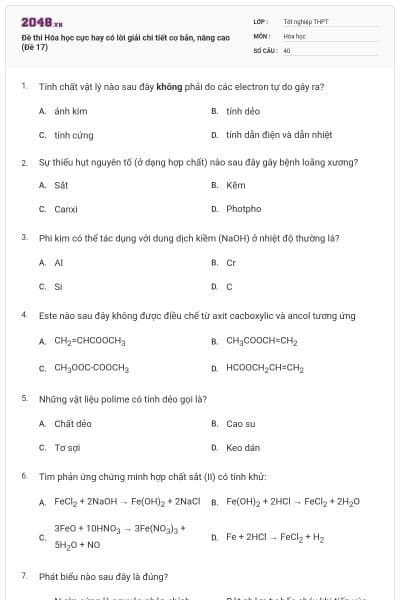 Đề thi Hóa học cực hay có lời giải chi tiết cơ bản, nâng cao (Đề 17)