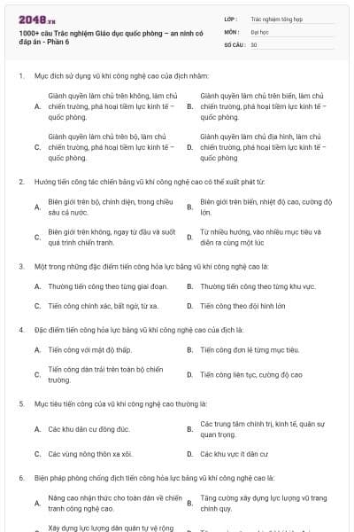 1000+ câu Trắc nghiệm Giáo dục quốc phòng – an ninh có đáp án - Phần 6