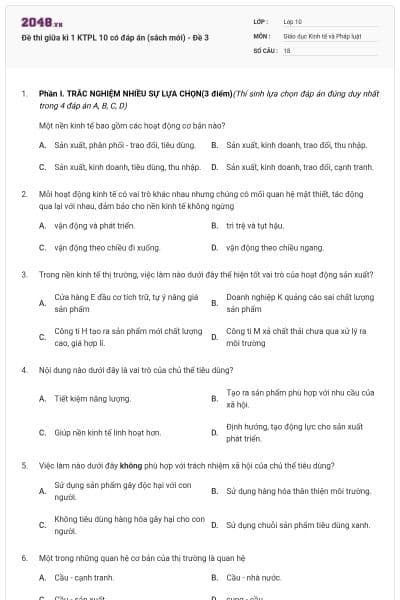 Đề thi giữa kì 1 KTPL 10 có đáp án (sách mới) - Đề 3
