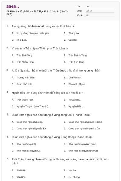 Đề kiểm tra 15 phút Lịch Sử 7 Học kì 1 có đáp án (Lần 2 - Đề 3)