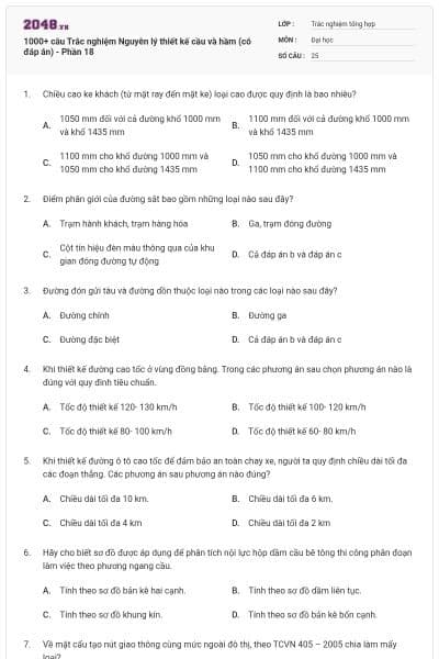 1000+ câu Trắc nghiệm Nguyên lý thiết kế cầu và hầm (có đáp án) - Phần 18