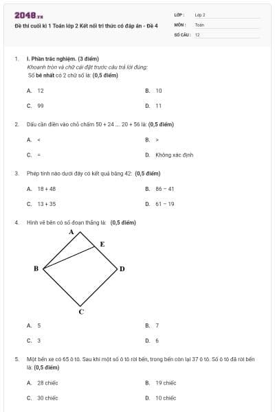Đề thi cuối kì 1 Toán lớp 2 Kết nối tri thức có đáp án - Đề 4