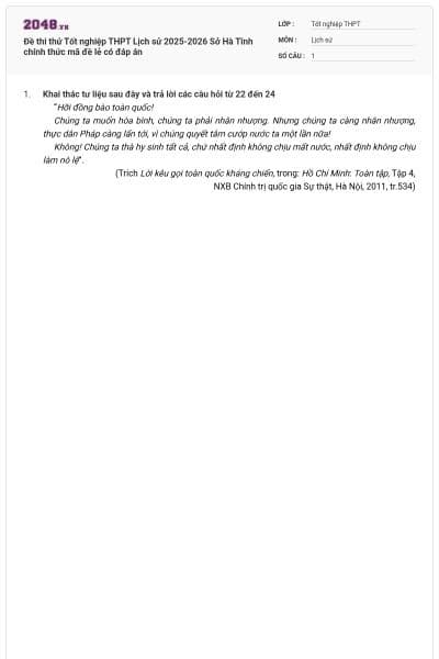 Đề thi thử Tốt nghiệp THPT Lịch sử 2025-2026 Sở Hà Tĩnh chính thức mã đề lẻ có đáp án