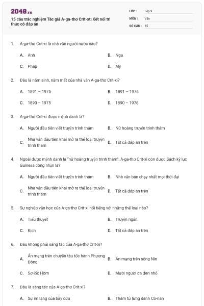 15 câu trắc nghiệm Tác giả A-ga-thơ Crít-xti Kết nối tri thức có đáp án