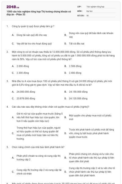 1000 câu trắc nghiệm tổng hợp Thị trường chứng khoán có đáp án - Phần 33