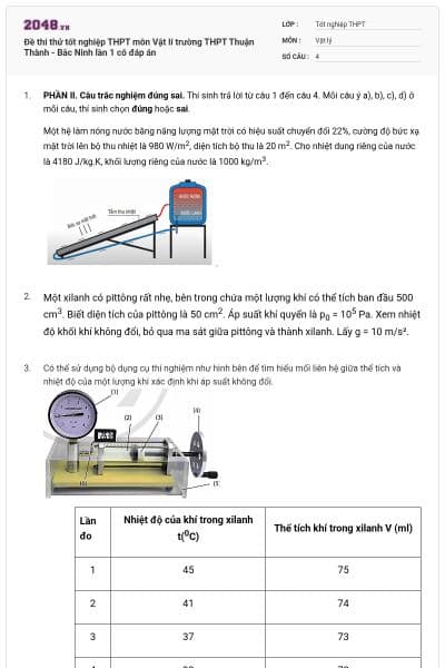 Đề thi thử tốt nghiệp THPT môn Vật lí trường THPT Thuận Thành - Bắc Ninh lần 1 có đáp án