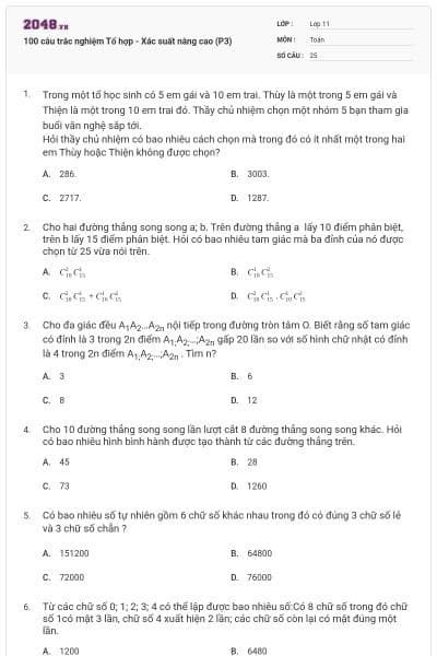100 câu trắc nghiệm Tổ hợp - Xác suất nâng cao (P3)